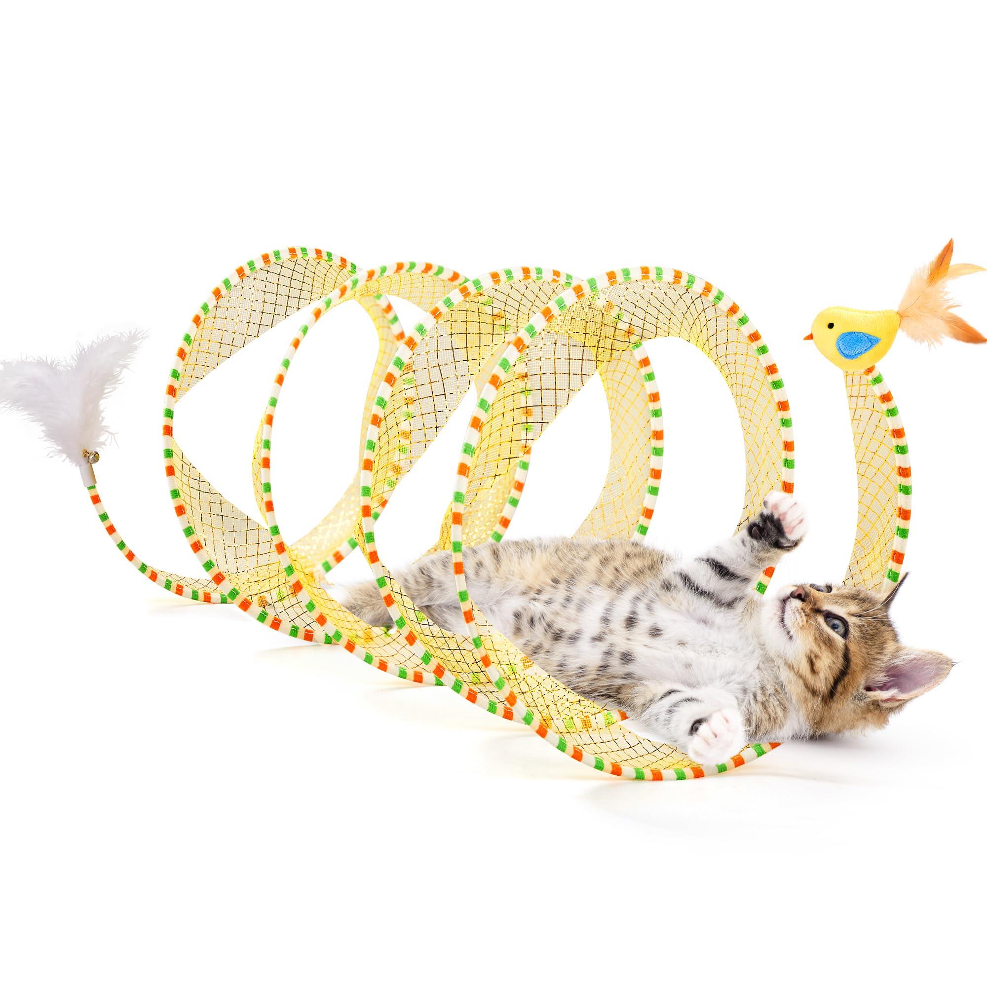 Spiral Tunnel Cat Toy, Cat Self Play Spiral Kitten Collapsible Spring Tunnel Toy for Indoor Cats with Feather and Bell, 20 Inches Unfolded