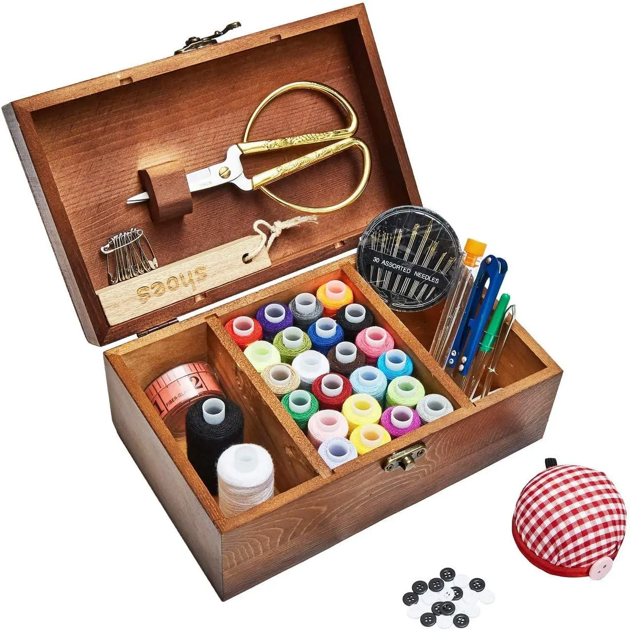 Wooden Sewing Kit, Home Hand Sewing Repair Embroidery Tool Box, Beginners Sewing Kit Accessories Organizer (Retro Brown)