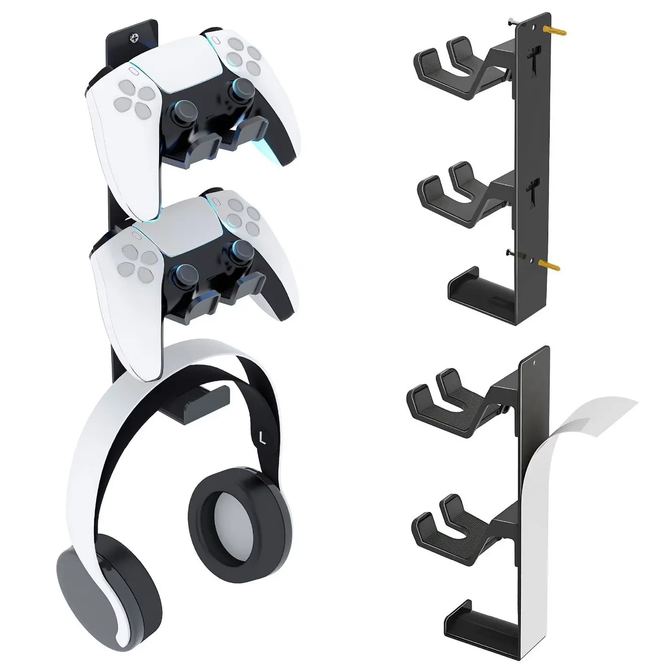 Wall-Mounted Metal Game Controller Stand, Holds 2 Controllers & 1 Headset, No Drilling, High Strength, Compatible with Xbox, Ps, Switch