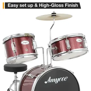 Beginner-Friendly 3-Piece Drum Set – Complete Percussion Kit with Tom-Tom, Bass Drum, Cymbals, Drumsticks, Pedal, Cushioned Drum Stool – Perfect Musical Instrument for Kids and Students