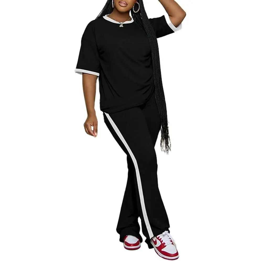 2 Piece Sets for Women Summer Casual Short Sleeve Top and Flare Pants Lounge Sets