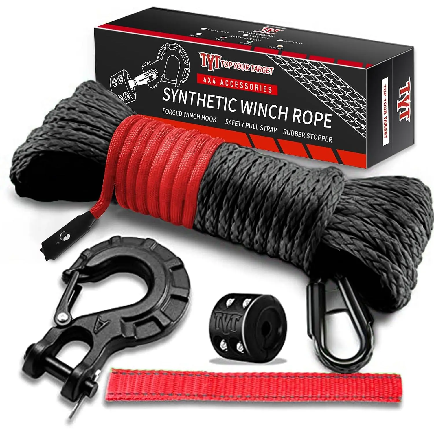 TYT Off-Road Winch Rope Kit - 1/4''x50', 10000 Lbs Black Synthetic Cable with Protective Sheath,-Duty Hook, Safety Pull Strap & Stopper for 4WD ATV UTV Vehicles, Grey, (JPS1450IG)