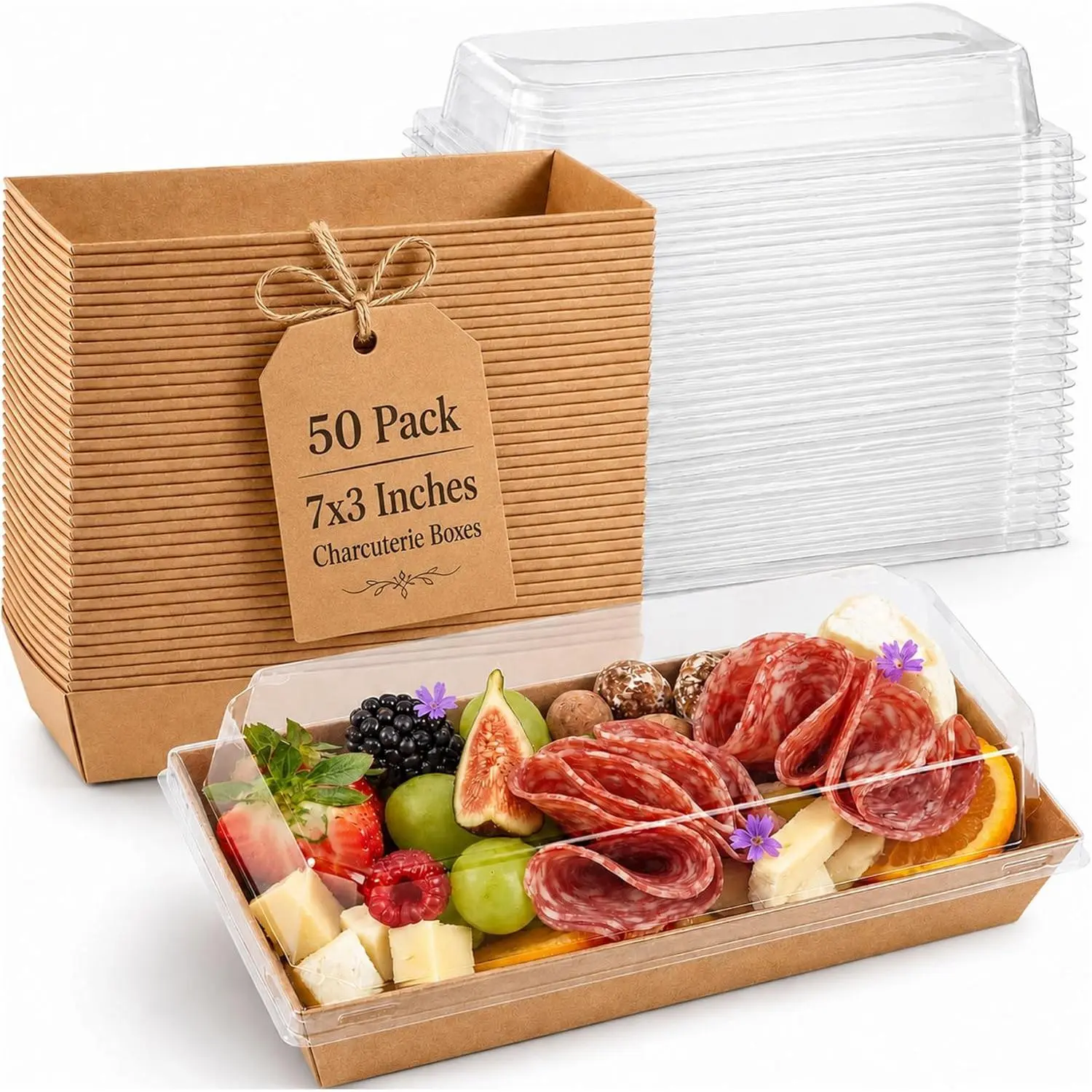 50 Pack 7.5x3.3 Inches Small Charcuterie Boxes with Clear  - To Go Paper Mini  Box, Charcuterie Boards Accessories, Dessert Boxes, Cookie, Cake Slice,  Strawberry, Donut (Brown)