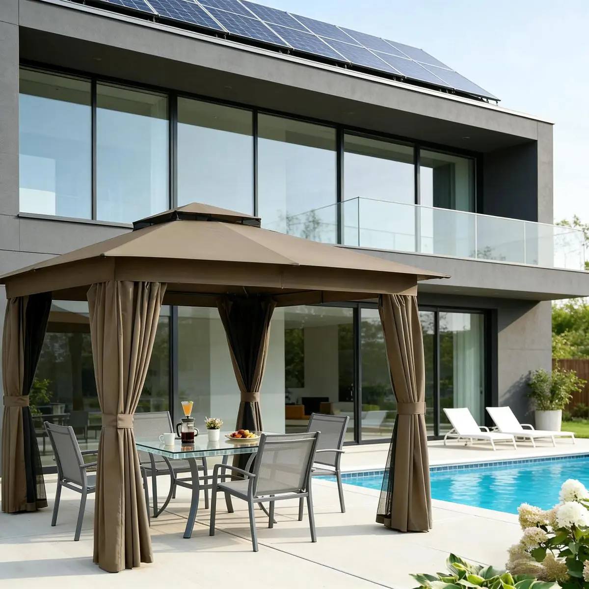 10x10 ft Fixed Size Modern Unisex Outdoor Square Gazebo, Steel Frame Garden Shade Patio Pavilion with Vented Polyester Roof, Privacy Curtains, Mosquito Netting, Double Roof and Ground Stakes