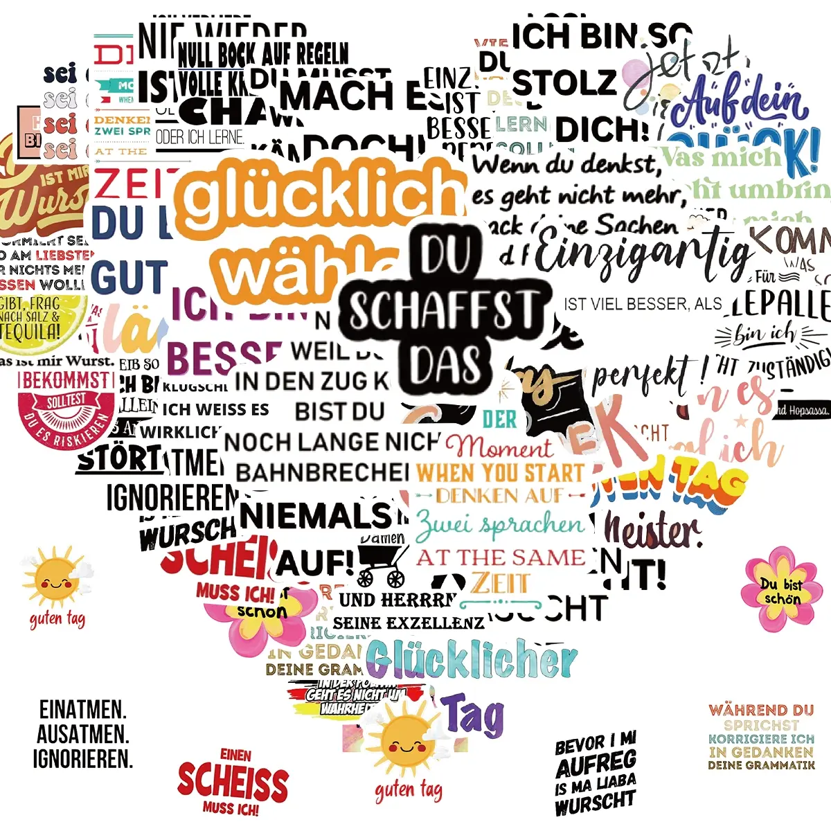 German Motivational Stickers |50Pcs German Waterproof Vinyl Decals for Water Bottles Laptop Luggage Cup Computer Mobile Phone Skateboard Guitar Décor