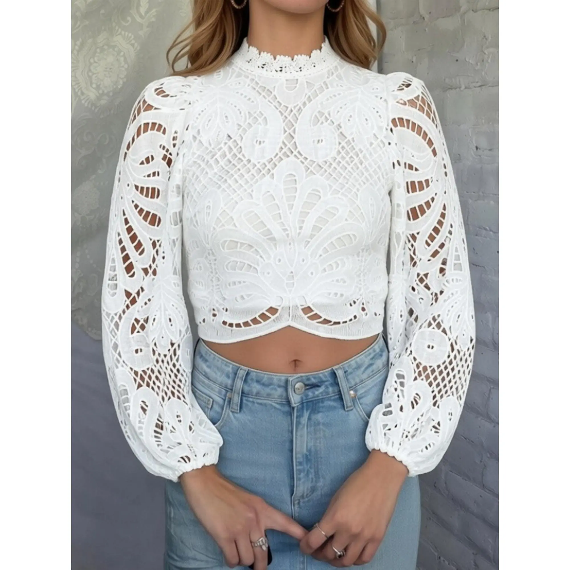 Elegant Women Crochet Lace Shirts Lantern Long Sleeve Hollow Out Blouse Back Zipper Tops Streetwear