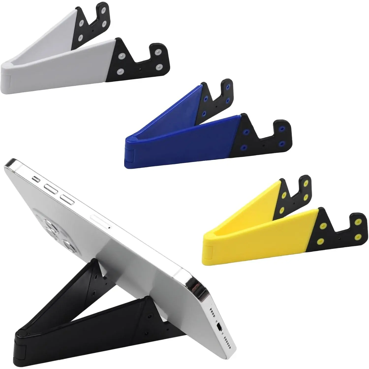 Portable Plastic Adjustable Phone Stand for Desk - Foldable Pocket Travel Accessories, Durable Smartphone Kickstand Mount Compatible with iPads, Kindle, Android Devices (Pack of 4), Compact