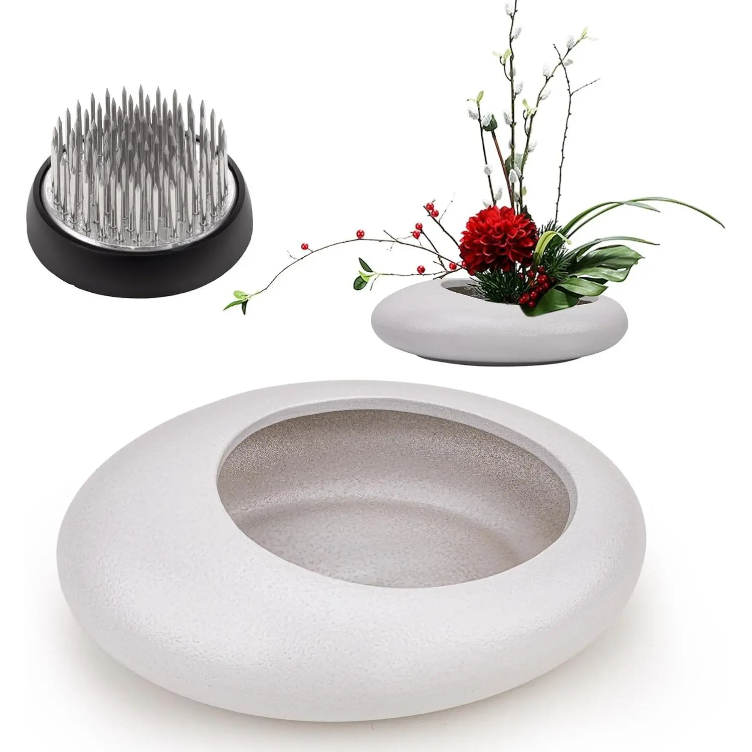 Ikebana Flower Frog Vase Kit Japanese Flower Arrangement with 1.57 Inch Kenzan Ceramic White Pebble Shaped Bowl for Ikebana Teaching Aids Art Supplies Home Decor (5.51x4.13in)
