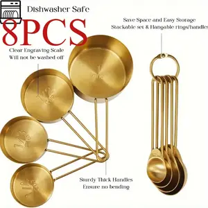 8 piece vibrating light handle measuring cup and spoon set, made of 430 stainless steel food contact grade material, used for baking and cooking liquid and dry ingredients, Christmas gift gold kitchen small tool, Kitchenware, Kitchen Utensils Set