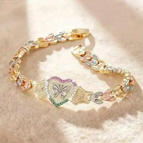 Women's Coquette Charm Bracelet with Engraved Heart & Butterfly, 3-Color Stainless Steel Link Chain, Romantic Accessory for Everyday Wear, Bracelet With Charms, Three-Color Copper