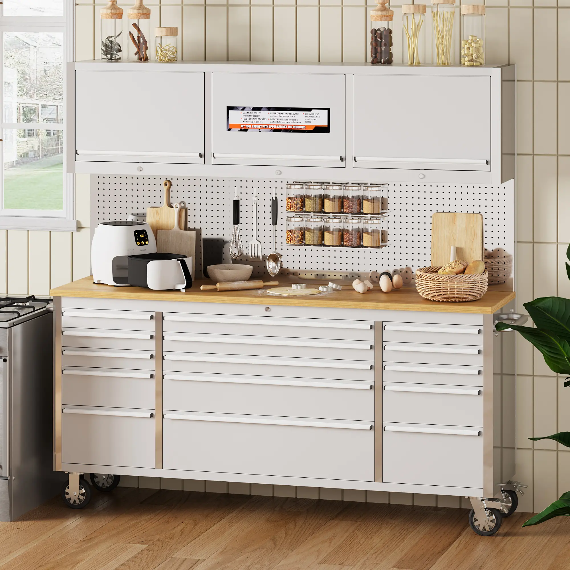72 Inch Stainless Steel Tool Chest Workbench with 15 Drawers - Heavy Duty Garage Storage Cabinet System with Upper Cabinets, Rubber Wood Top, Pegboard, Power Strip