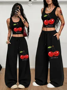 2 pieces of multi-color cherry print slim fit short + sweatpants suit, simple hot girl style, elastic skin-friendly fabric, slim and slim, suitable for home / street use