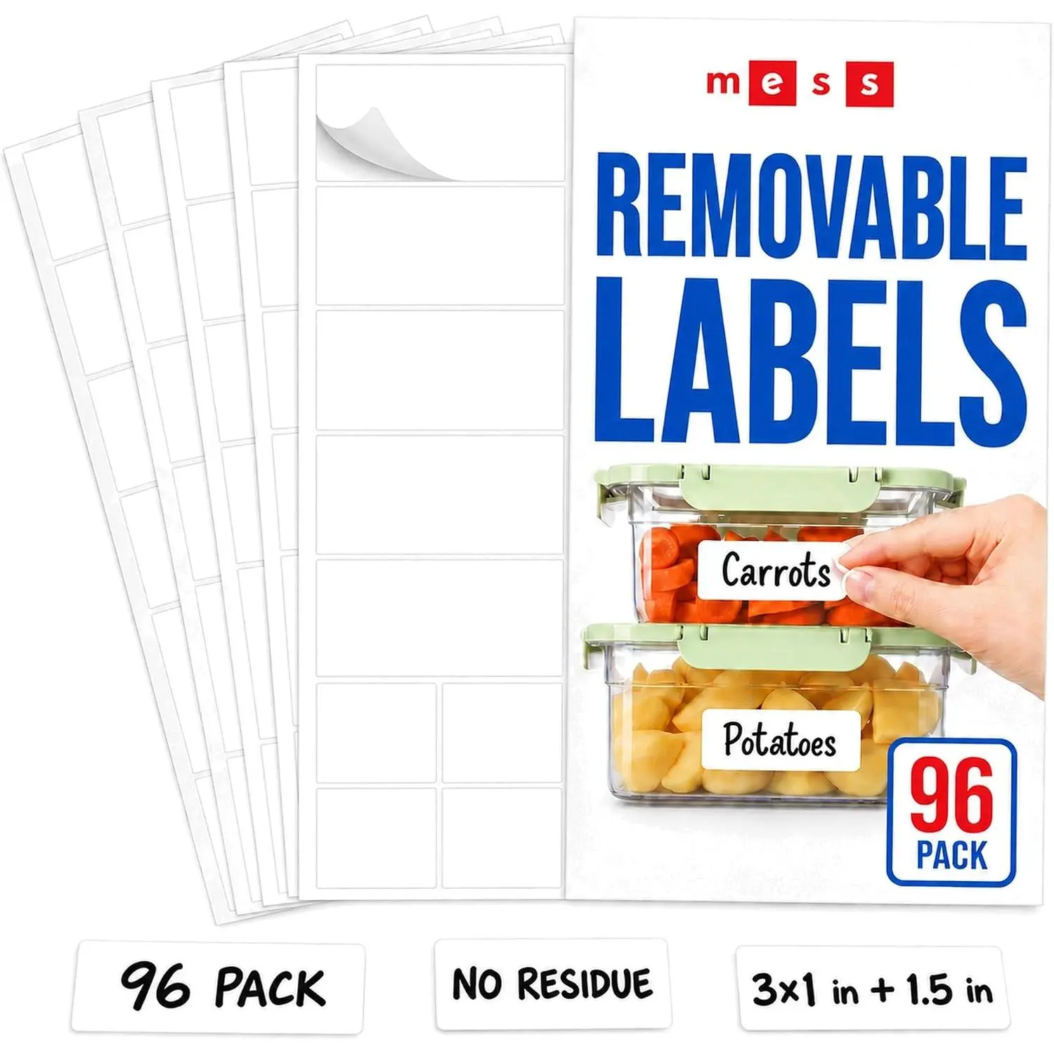Removable  Labels for Containers (96-Pack) 1x3 & 1.5" Erasable Kitchen Labels for Organizing, Freezer & Fridge, White Dry Erase Labels for Jars