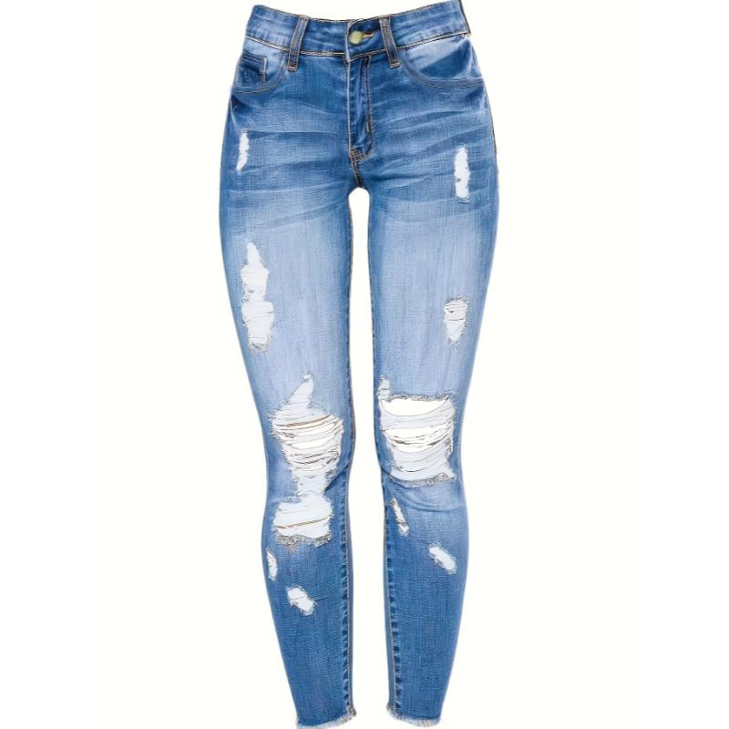 Stretchy Women's Skinny Jeans, Butt Lifting Distressed Denim Pants with Pockets and Ripped Hole Trousers Womenswear Bottom Vintage Polyester Fabric Slim