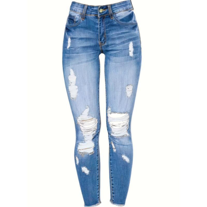Stretchy Women's Skinny Jeans, Butt Lifting Distressed Denim Pants with Pockets and Ripped Hole Trousers Womenswear Bottom Vintage Polyester Fabric Slim