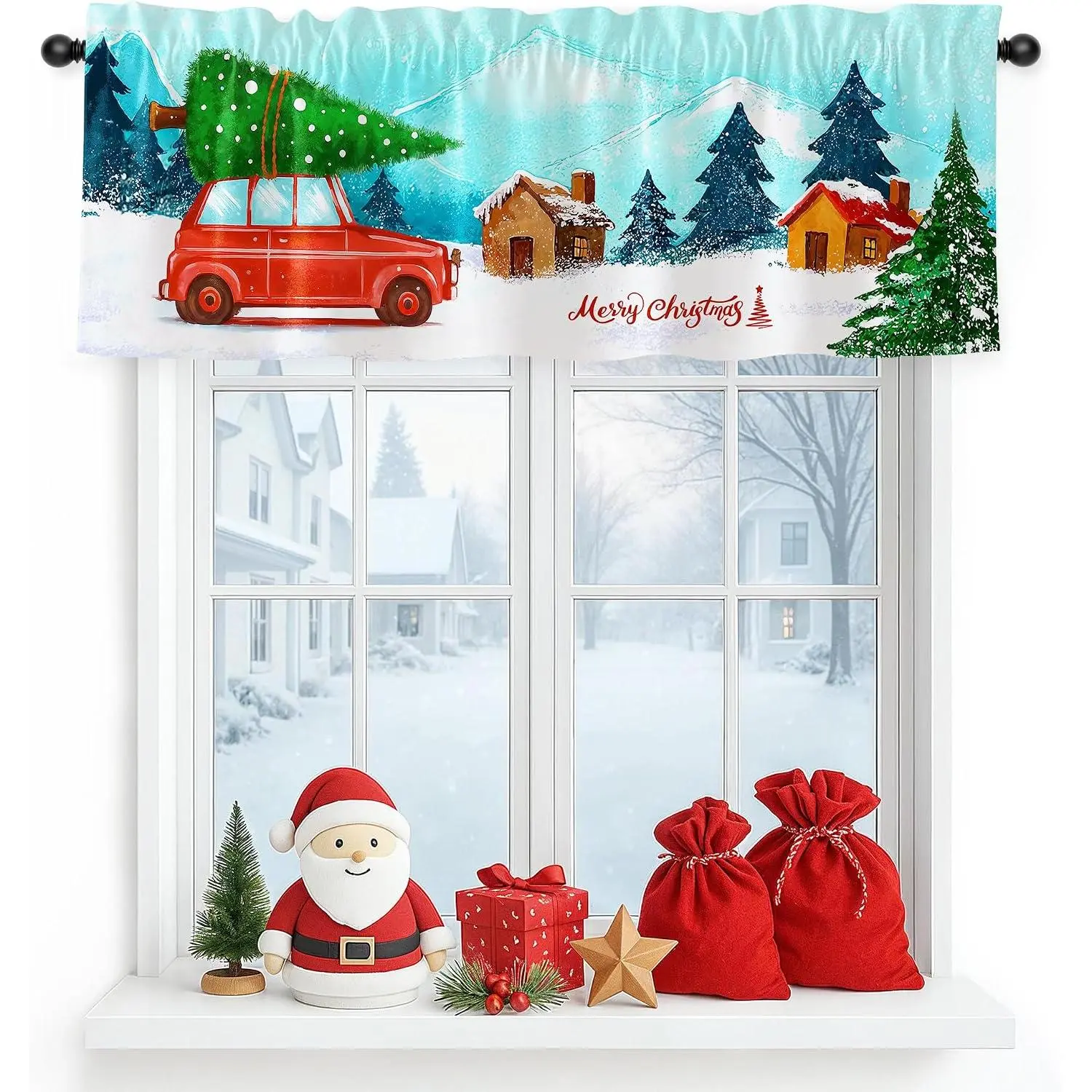 Christmas Valance Curtain for Kitchen, Christmas Decorations Window Valance Curtains, Red  Curtain Drapes for Living Room Bedroom 54x18 in, Rod Pocket Window