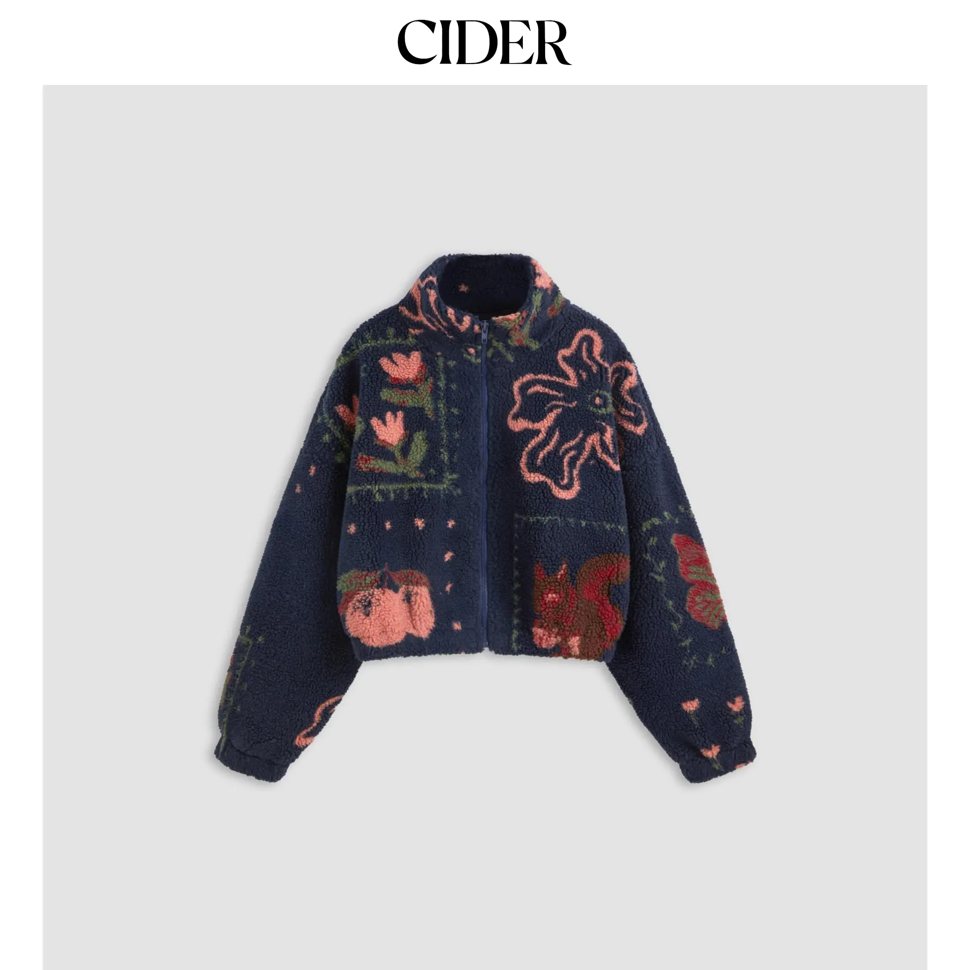 Cider Fleece High Neck Graphic Zipper Jacket SohoChic