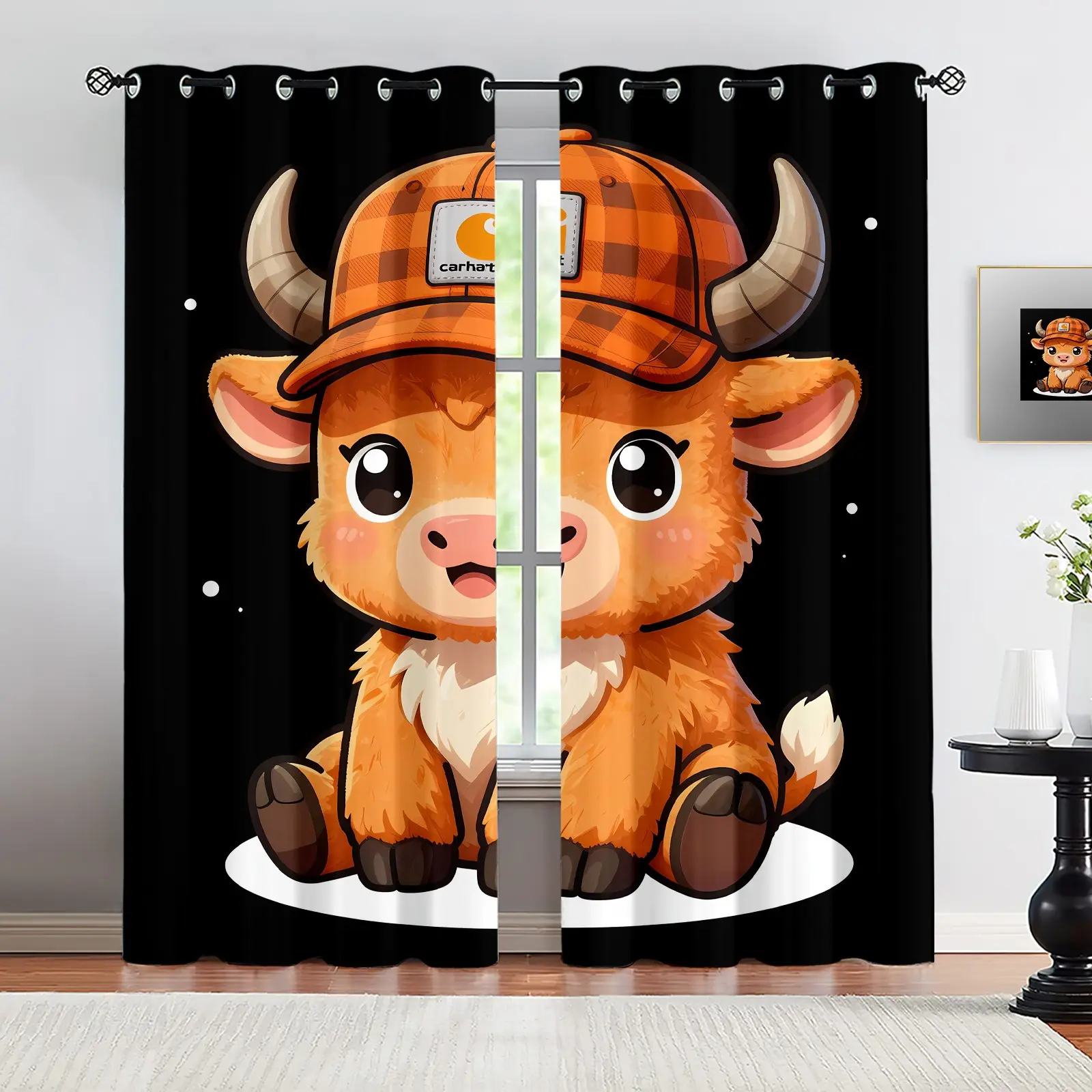 Two-piece digitally printed curtains, cute cartoon-style curtains printed with an adorable calf wearing a plaid cap. Suitable for children and young people who love cute animal patterns, perfect for kids' rooms and playful-themed bedrooms.