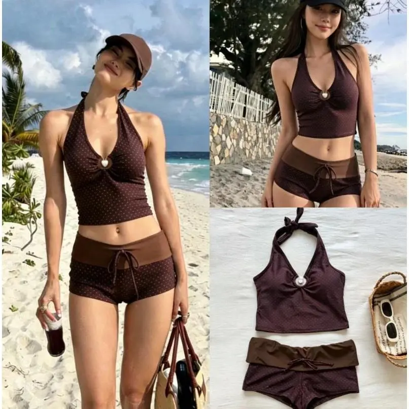Y2K Korean Cute Two Piece Swimsuit Women Print Ruffle Halter Bikini with Mini Skirt Beach Vacation