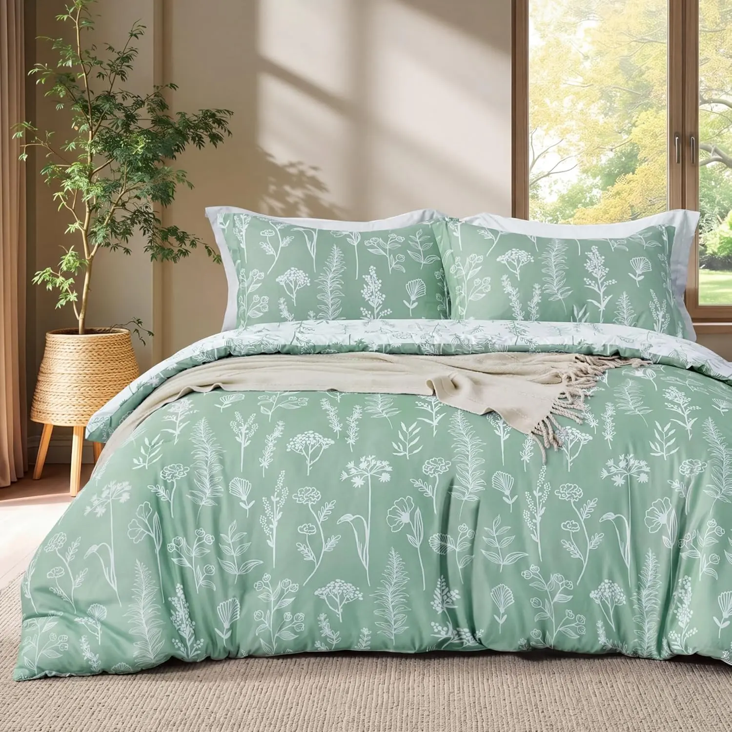 Floral Queen Comforter Set Sage Green Bedding Set - 3 Pieces Queen Bed in a Bag with 1 Soft Reversible Botanical Flowers Comforter and 2 Pillow Shams