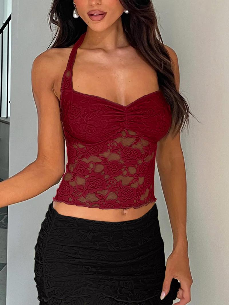 Women's Floral Lace Ruched Sheer Crop Tank Top, Casual Sleeveless Square Neck Tie Back Top for Spring & Fall, Ladies Clothes for Daily Wear