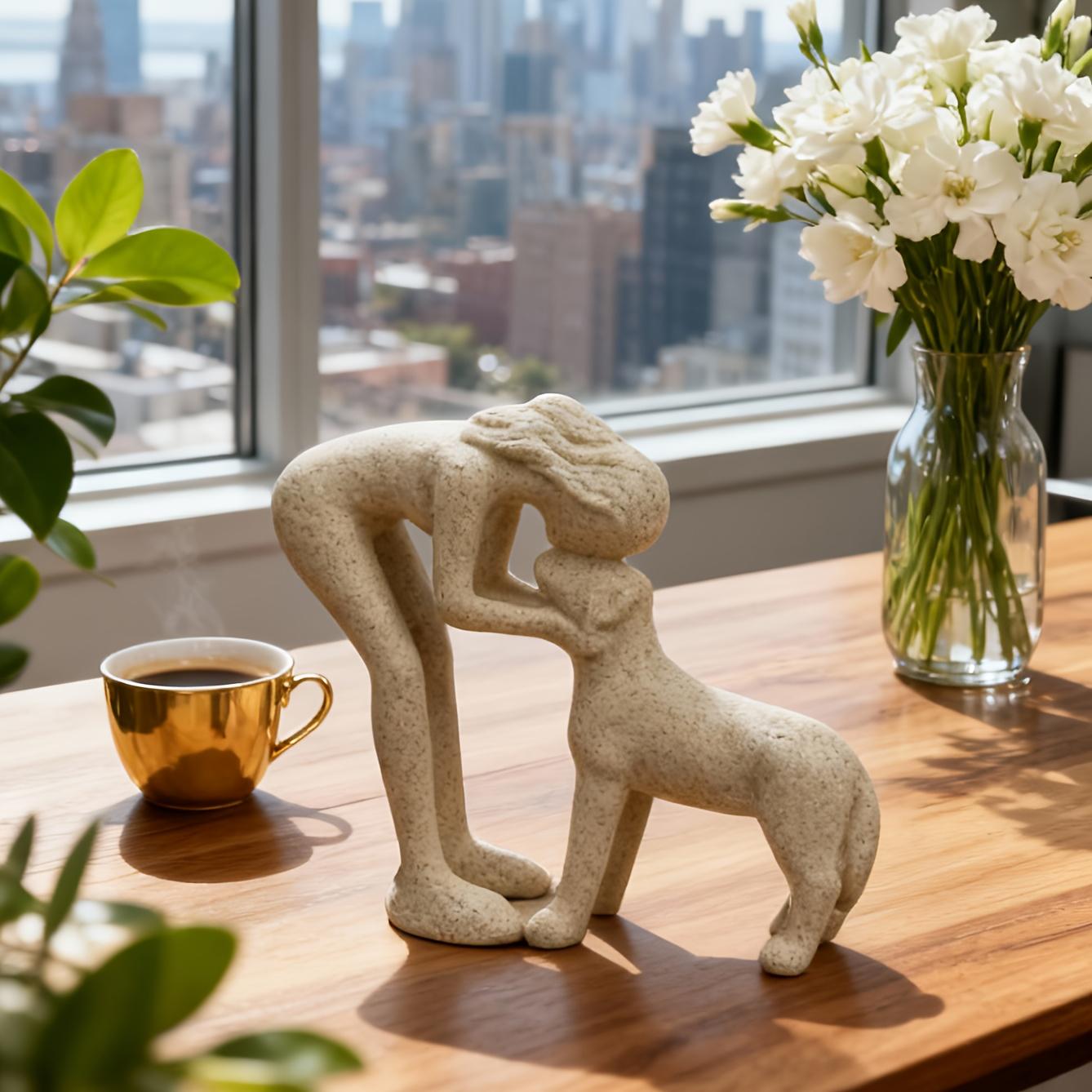 Woman Kissing Dog Resin Sculpture, Elegant Pet Interaction Art, Indoor Outdoor Home Decor, Durable Resin Figurine, Perfect Gift