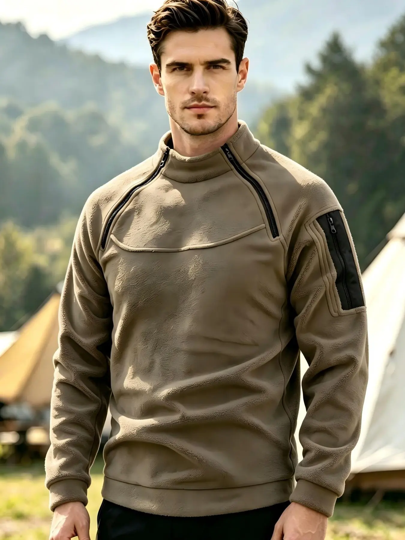 Men's half-zip pullover sweater with stand collar, zippered pockets, and fleece lining, suitable for autumn and winter seasons
