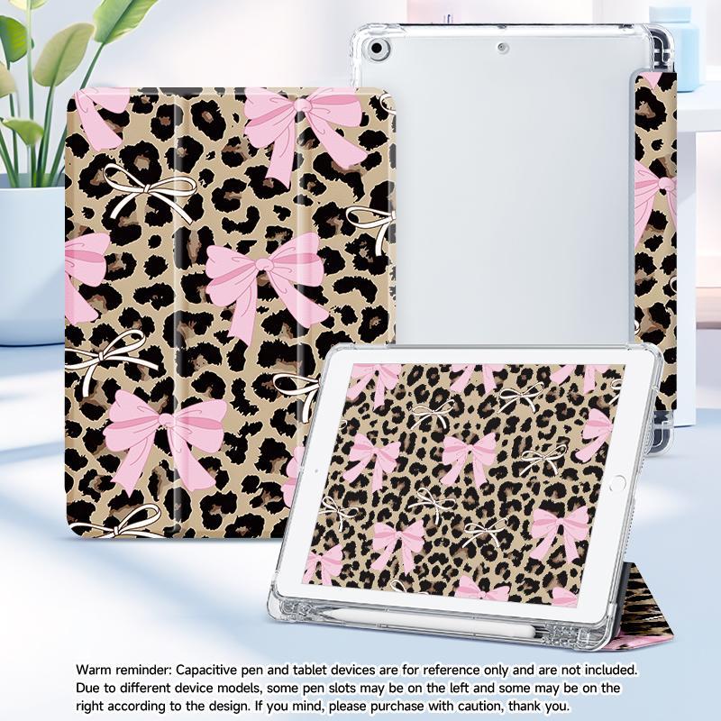 Cute bow and leopard pattern, with adjustable bracket and pen slot, foldable non-slip TPU protective case, suitable for iPad mini, iPad Air, iPad Pro/iPad 10th generation, 11th generation and other series iPad protective cases