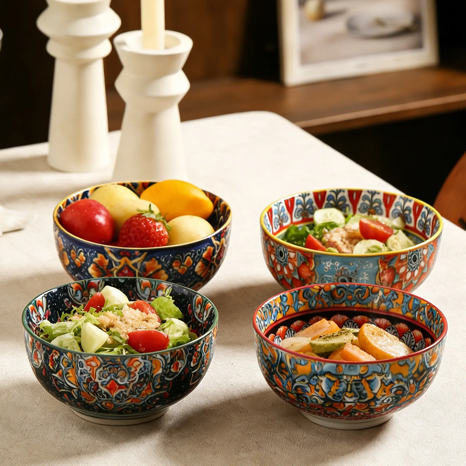 Bohemian Style Ceramic Bowl, 6 Inch Soup Bowl, Cereal Fruit Snack Bowl, Microwave Safe, Four Styles Available, Home Daily Use