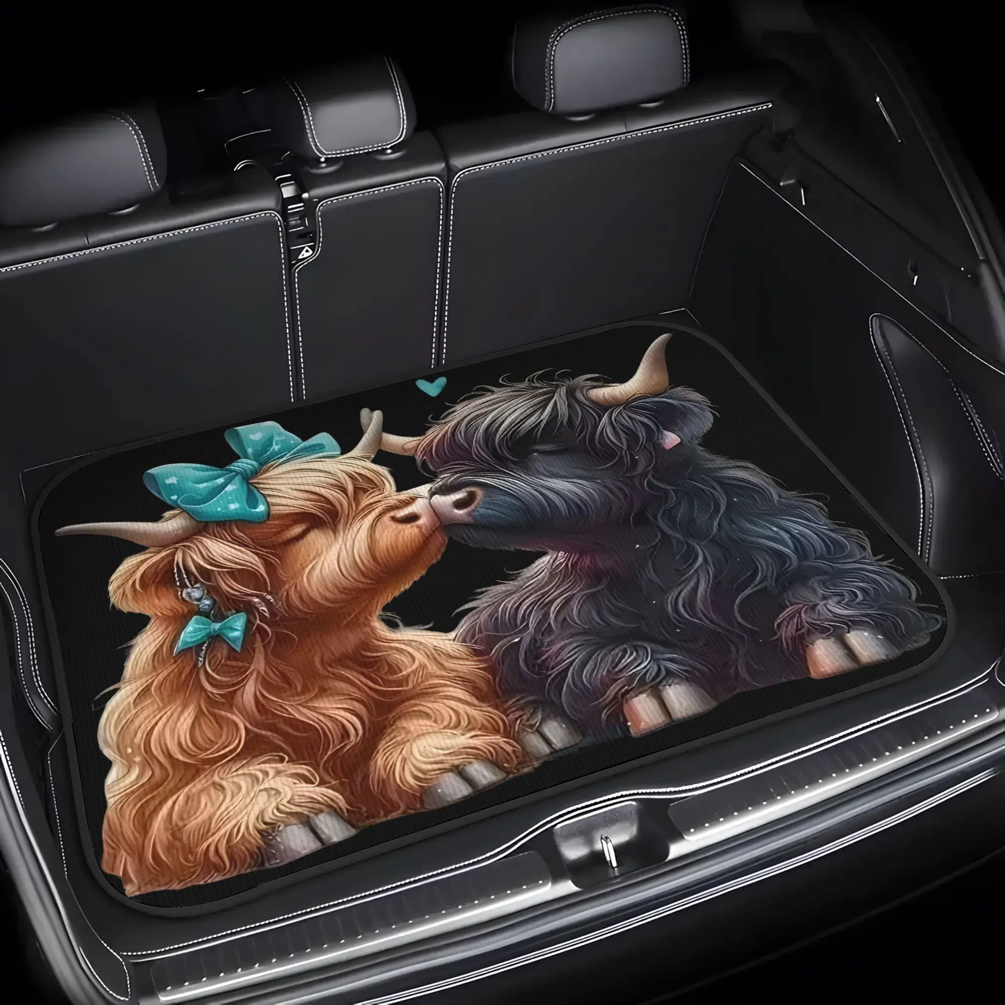 1pc Highland Cow Couple with Heart Car Trunk Mat Vibrant Design, Durable & Vehicle-Fit Trunk Liner, Perfect Holiday Gift for Housewarming, Car Interior Accessory for Family Friends, Car Mats Cars, Auto Interior Accessories