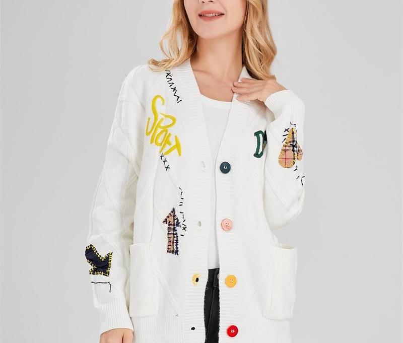 Womens Open Front Cardigan Cable Knit Long Sleeve Button Down Embroidery Cardigan Sweaters