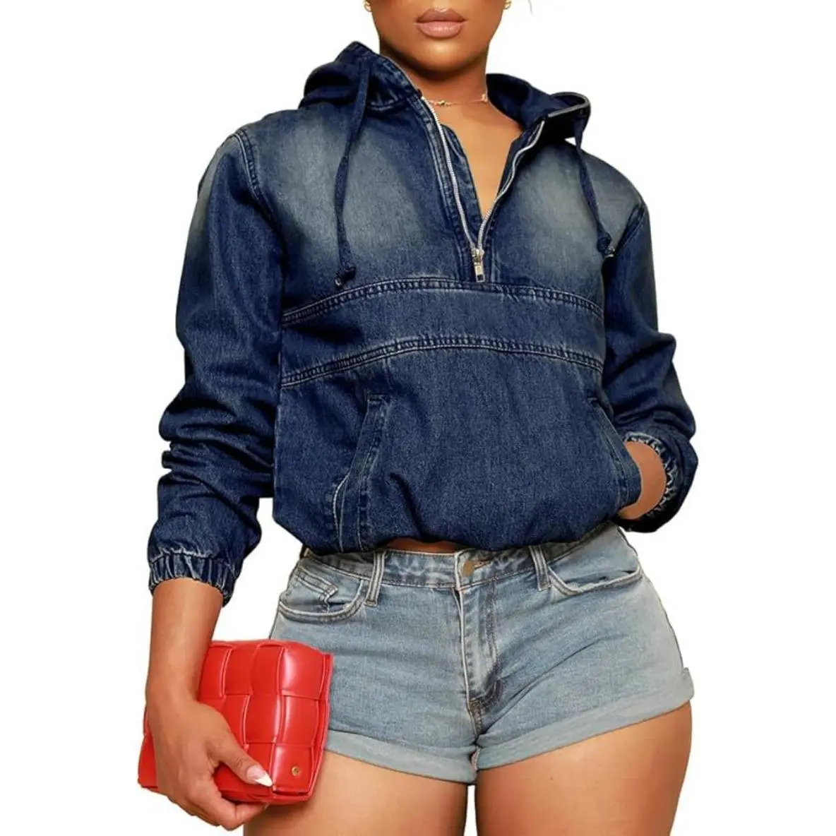 Multi-color Locomotive Denim Women's Jacket Hooded Long Sleeves