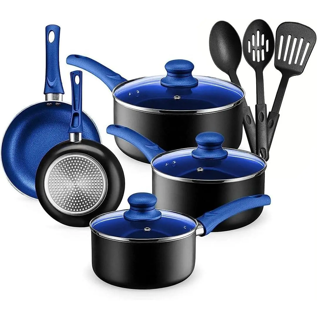 Pots And Pans Set Kitchen Cookware Sets Nonstick Aluminum Cooking Essentials 11 Pieces Blue