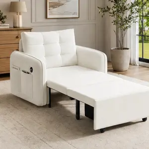 ARCH 3-in-1 Convertible Sleeper Chair Bed 80" Extra Long Pull Out Sofa Bed with USB Charging Storage Pockets Hidden Box Tufted Chenille Single Sofa Couch for Living Room Apartment Guest Bed Beige, Beige Color Options, Chenille Material