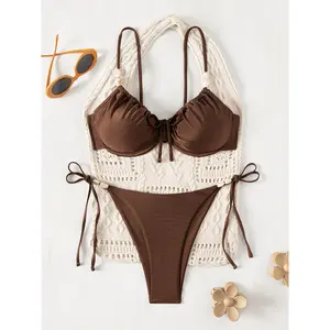 2026 new steel tray beaded women's bikini suit fashionable solid color split swimsuit sexy vacation beachwear summer elegant