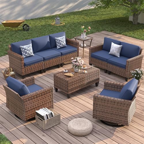 【3/4 packages delivery】UDPATIO Modern Outdoor Wicker Sofa Set, fire pittable Rattan Wicker Outdoor Sectional Set with Rocking Swivel Chairs, PE Rattan Outdoor Sofa Set with Storage Table and Waterproof Covers for Backyard, Deck, Porch SpringGardening