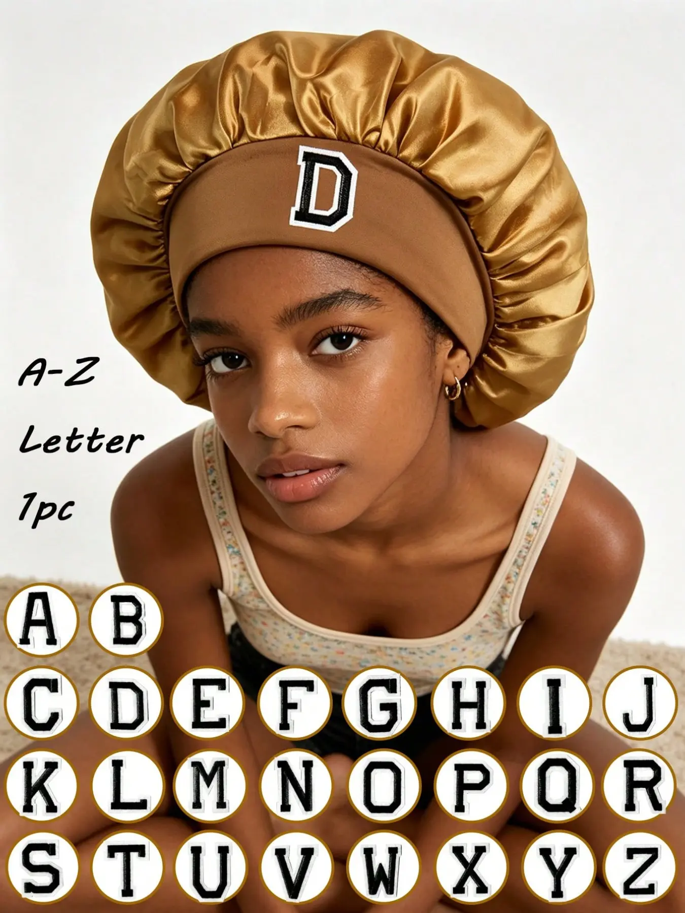 1PC Brown Satin Sleep Bonnet With Custom A-Z Letters, Seamless Elastic Hair Care Cap, Practical Head Wrap For Makeup Remover And Bathing, Versatile Daily Accessory, Festive Ornament For Holiday Gifting