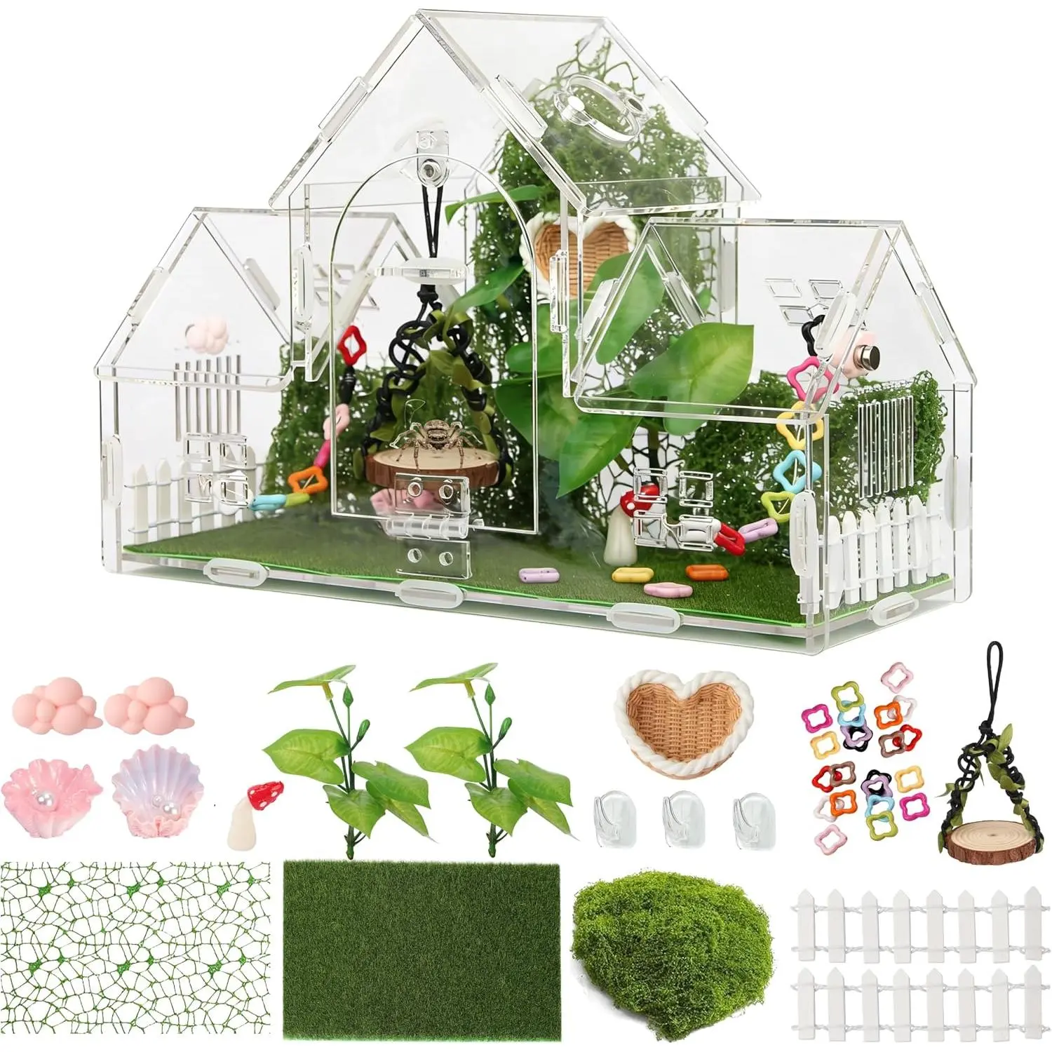 20-Piece Jumping Spider Enclosure Kit, Acrylic Terrarium with 360° View & Magnetic Doors, Complete Accessories Set for Tarantula, Mantis, Small Reptiles, 11.8" L x 4.5" W x 8" H