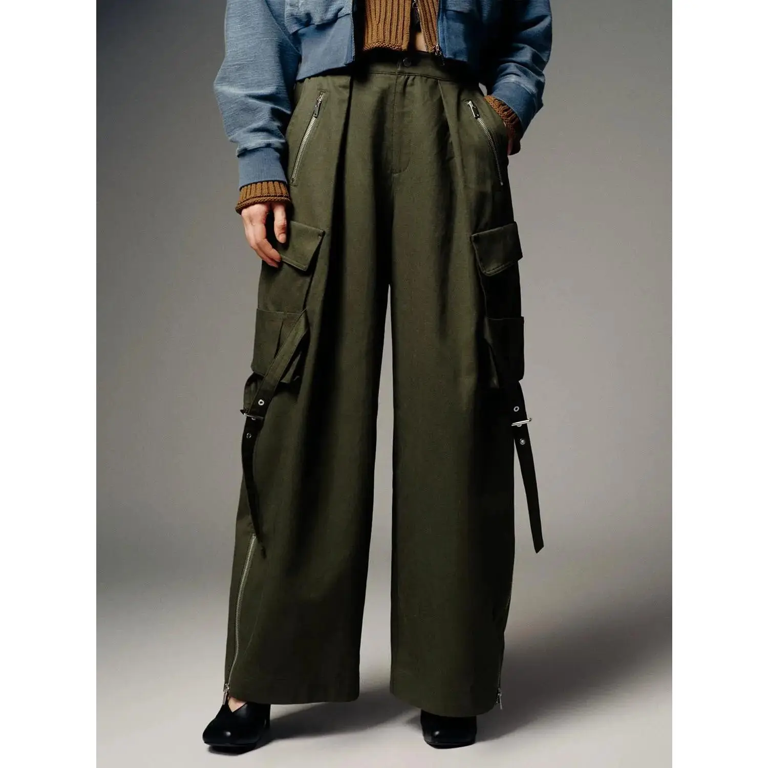 Women's Cargo Pants, Casual Wide-Leg Trousers in a Non-Stretch Cotton Lyocell Blend with Flap Pockets, Cargo Pants Women, Fabric, Broad-Leg Pants
