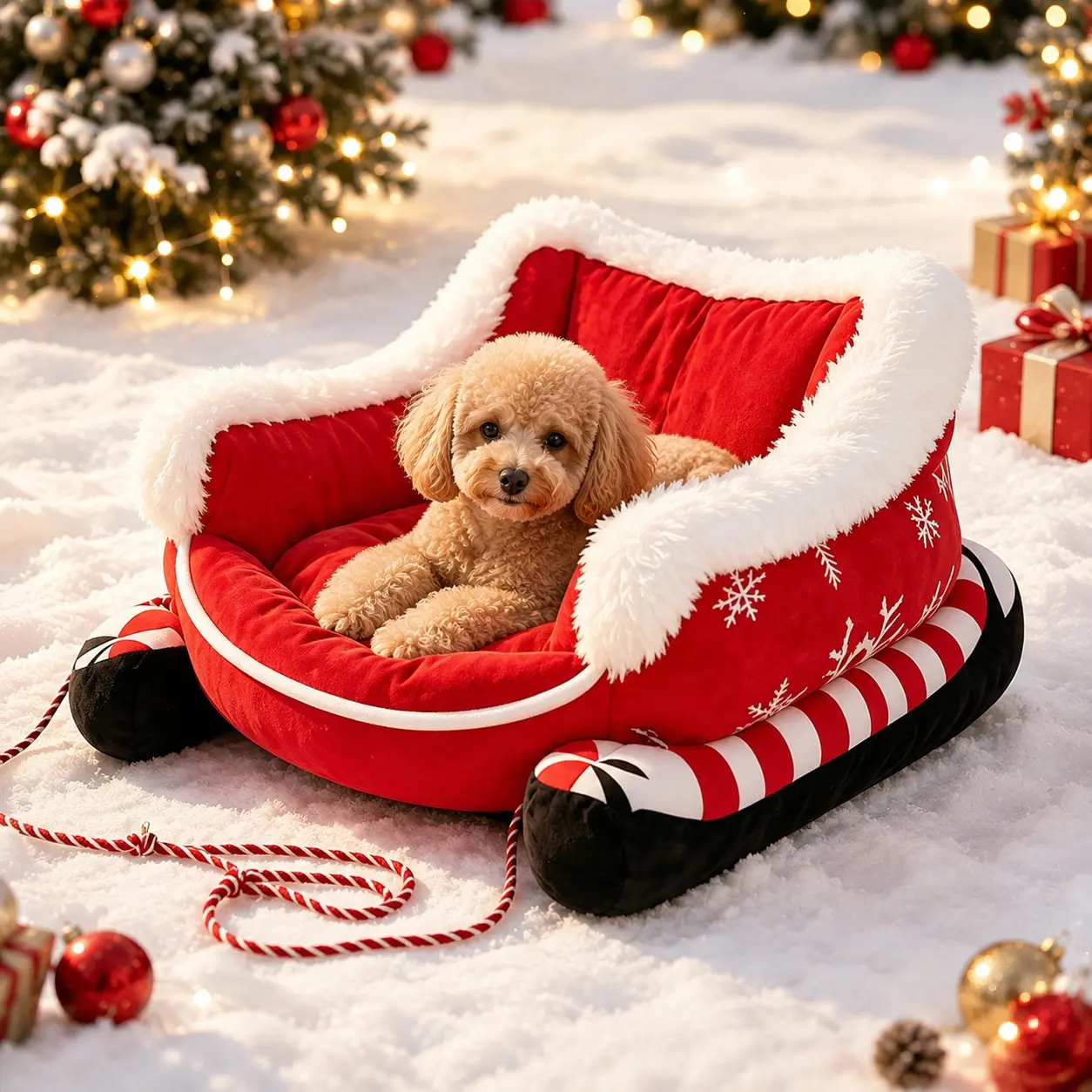 Christmas Sleigh Pet Bed,Washable Waterproof Non‑Bite Resistant Soft Plush Dog Cat Bed,Cozy Winter Holiday Sofa Bed for Medium Dogs Cats Christmas Gift