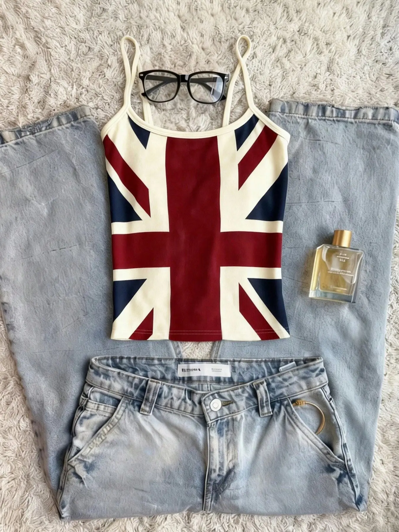 Y2K Millennial Girl Thin Strap Tank Top, Full Print Union Jack Retro Pattern, Fitted Short Cut, Elastic Fit, Vintage Street Style