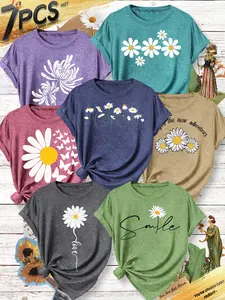7PCS Women Crew Neck Tee, Daisy Butterfly Minimal Line Print, multi-color, washable, soft spring summer top