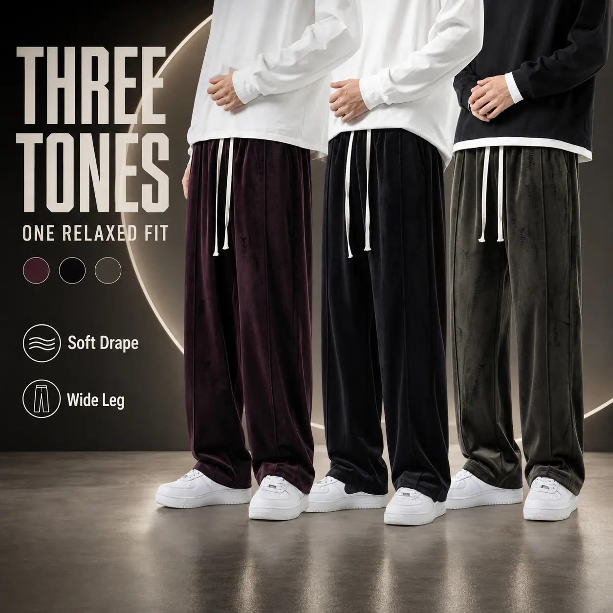 Men's Velvet Wide Leg Pants with Elastic Drawstring Waist, Silky Soft Loose Straight Trousers, Luxury Streetwear, Casual Draped Sweatpants.