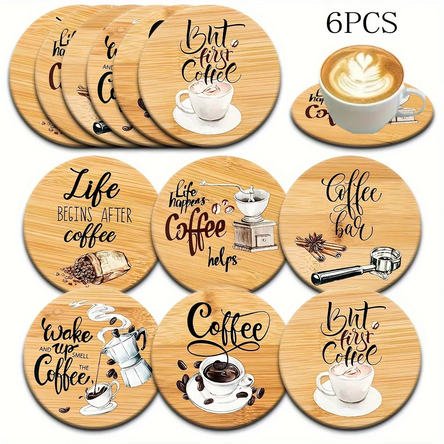6-Piece Wooden Coffee Tea Cup Mats, Heat Resistant Non-Slip Drink Mat, Hand Washable, Ideal for Living Room, Study, Kitchen Decor, Wood Coaster Set