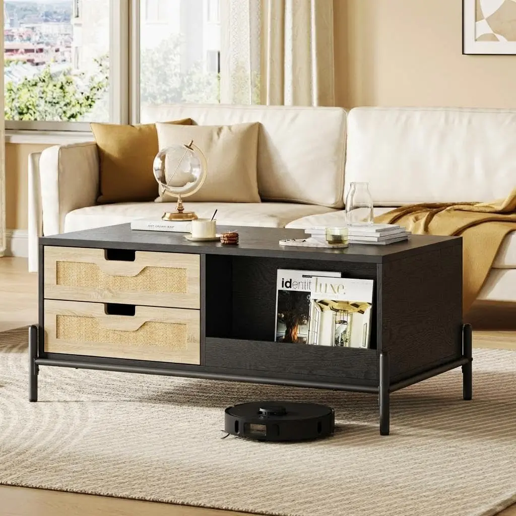 Garvee - 40-Inch Rattan Coffee Table with LED Lights for Living Room, Modern Mid-Century Coffee Table with 4 Drawers and Open Storage Shelf, Metal Legs