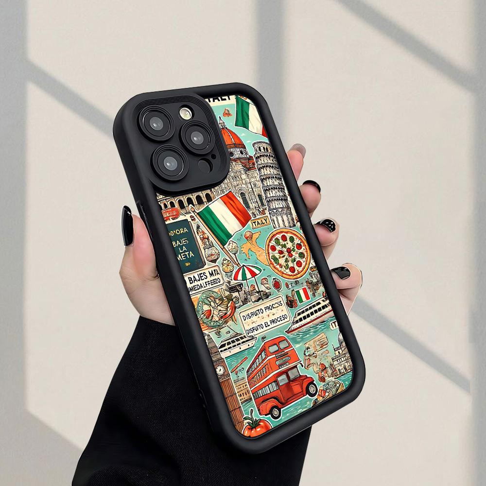 Italian - themed Travel Elements Pattern Phone Case Fashionable Popular Shock - Proof Anti - Fingerprint Full Coverage Thick Protective Soft Case Compatible with iPhone 17 E Air Pro ProMax iPhone16 15 14 Plus 13 12 Mini 11 X XS XR