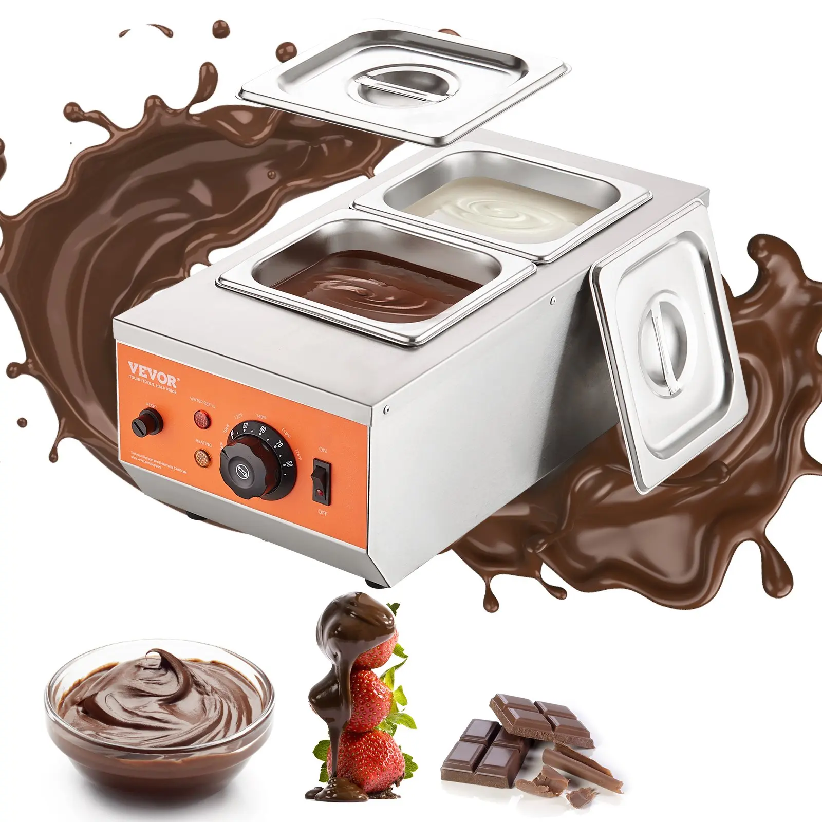 VEVOR Commercial Chocolate Tempering Machine, 9.7 lbs/4.4 kg, 2x1.5L Tanks, 800W Stainless Steel Electric Warmer, 86-185℉ Temp Control, AC110V~120V, 455x220x176 mm Compact Unit for Family & Commercial Users, Melts Chocolate Milk Cream
