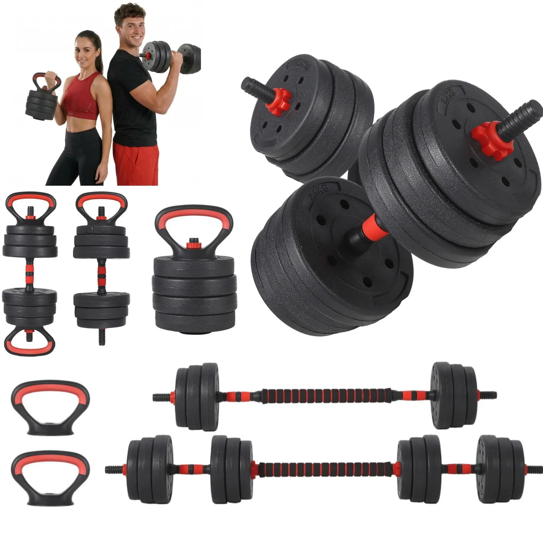 GAOMON Adjustable 4-in-1 Dumbbell Set for Home Gym – Converts to Barbell, Kettlebell & Push-Up Stand – Space-Saving Multi-Functional Free Weights for Full Body Strength Training, Anti-Slip Ergonomic Handle, Secure Safety Lock – Black+Red