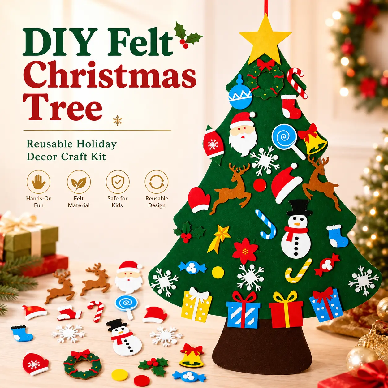 DIY Felt Christmas Tree Kit for Kids, 32+1 Pieces Reusable Christmas Tree Decorations, Felt Wall Hanging Holiday Craft Activity, Toddler Christmas Sensory Toy, Interactive Christmas Ornament Set, Preschool Learning Gift, Family DIY Christmas Decor