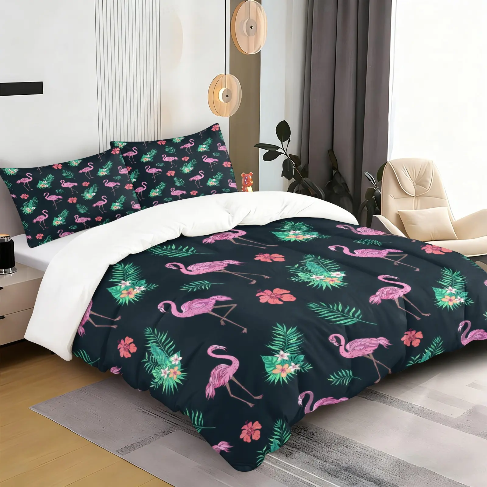 Flamingo Pattern Duvet Cover Set, Soft And Comfortable Bedding Set, Including 1 Duvet Cover And 1 Or 2 Pillowcases (Without Padding), Suitable For Teenagers And Adults, Bedroom, Apartment, Dormitory Scenes